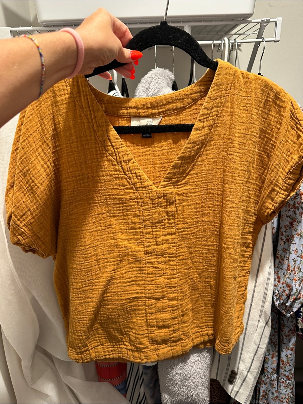 Universal Thread Mustard Textured Cotton Gauze V-Neck Crop Top